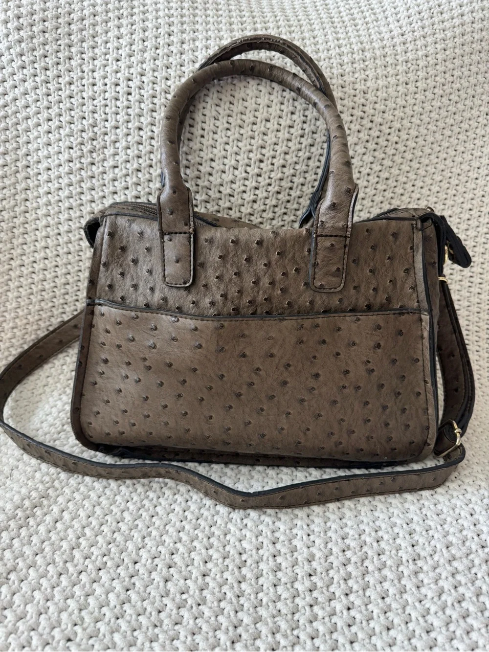 London Fog Faux Ostrich Embossed Satchel Crossbody Bag